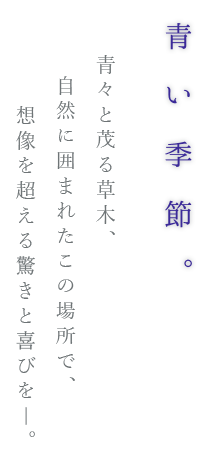 青い季節。青々と茂る草木、自然に囲まれたこの場所で、想像を超える驚きと喜びを―。